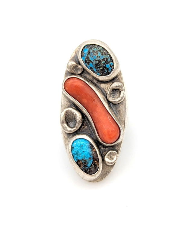 Navajo Sterling Silver Turquoise & Coral Ring