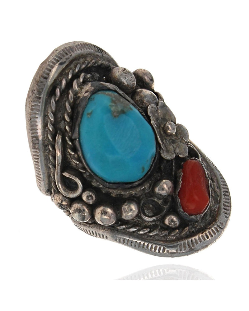 Navajo Sterling Silver Turquoise & Coral Ring