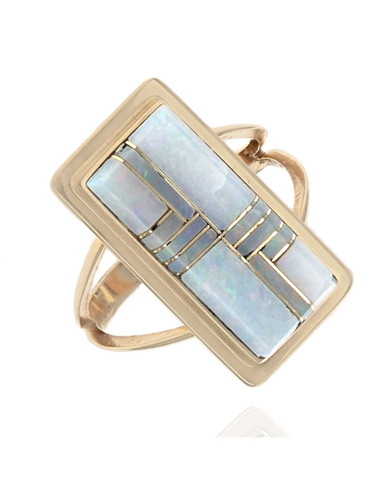 Navajo Julian Arviso 14K Yellow Gold & White Opal Inlay Ring