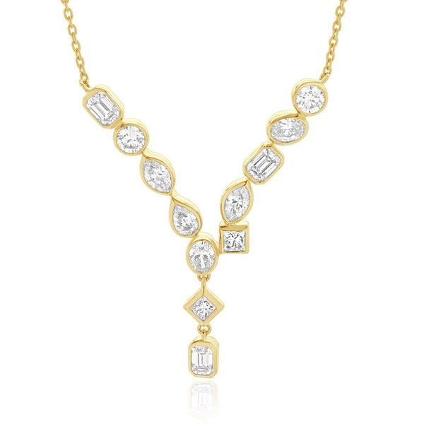 14 Karat Yellow Gold Multi Shape Diamond Drop Necklace