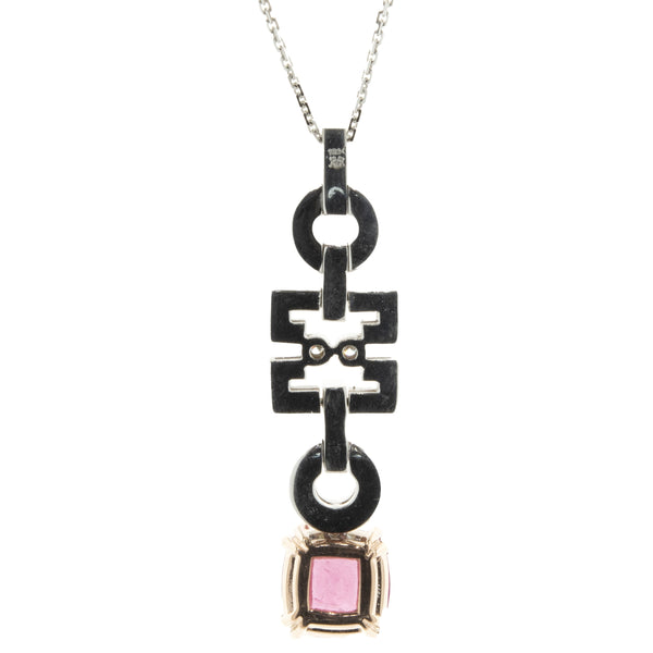 18 Karat White and Rose Gold Pink Tourmaline and Diamond Geometric Drop Necklace
