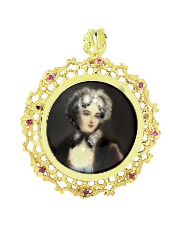 Vintage Portrait Pendant/ Pin/ Brooch with Ruby Accents in 18K Yellow Gold