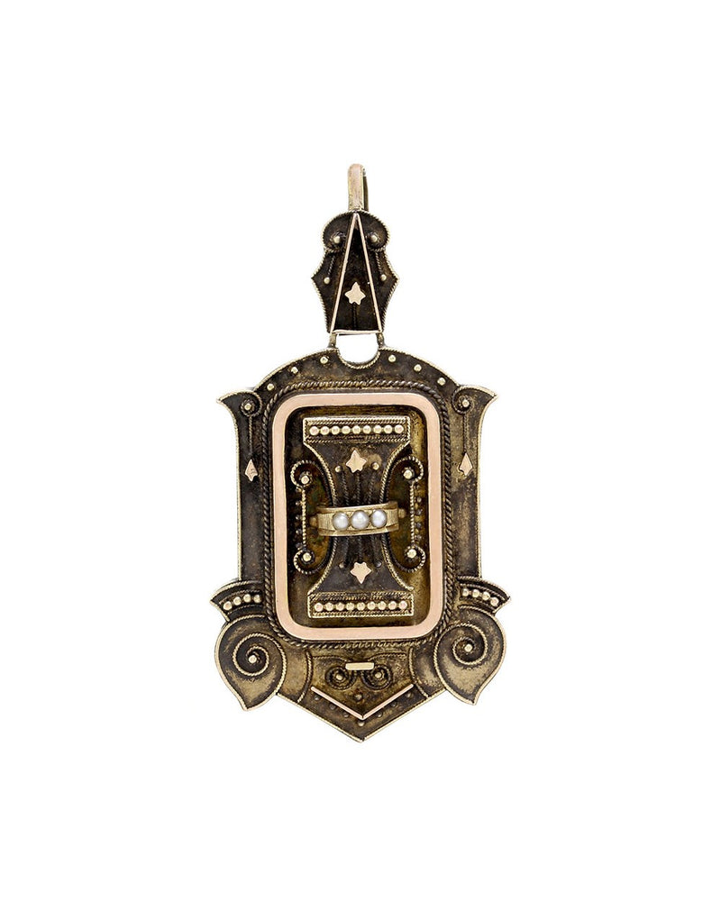 Victorian Mourning Locket Gold Enhancer Pendant with Seed Pearls