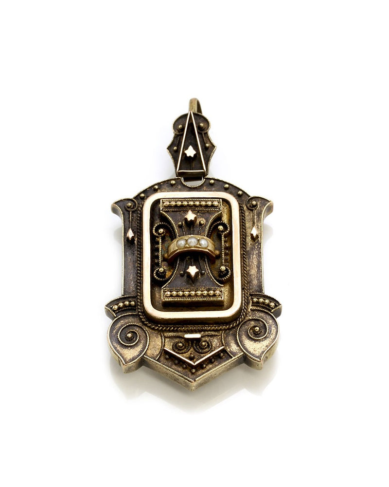 Victorian Mourning Locket Gold Enhancer Pendant with Seed Pearls