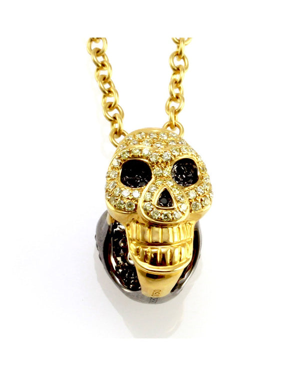 Black & Yellow Pave Diamond Reversible Skull Pendant in 18K Yellow Gold