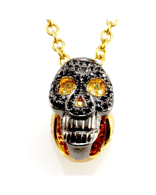 Black & Yellow Pave Diamond Reversible Skull Pendant in 18K Yellow Gold