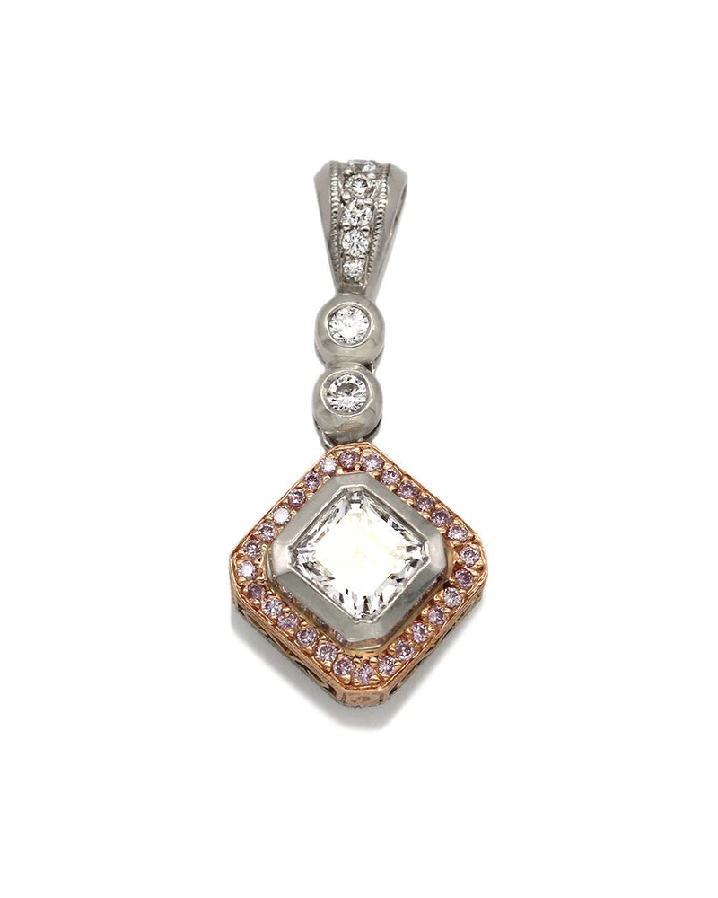 Beaudry 18kw/Plat Pink and White Diamond Pendant with Asscher Center