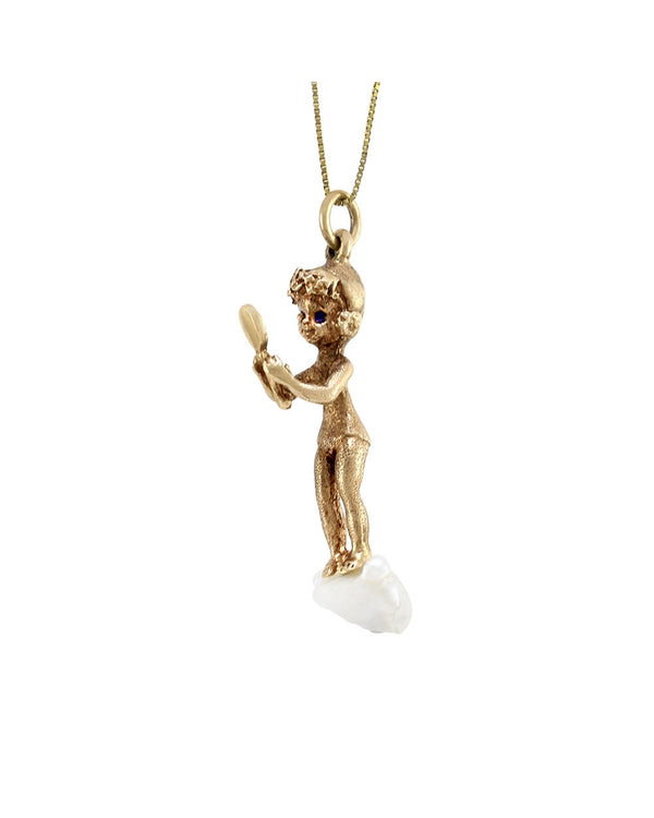 Ruser Freshwater Pearl Cherub with Mirror Pendant in Yellow Gold