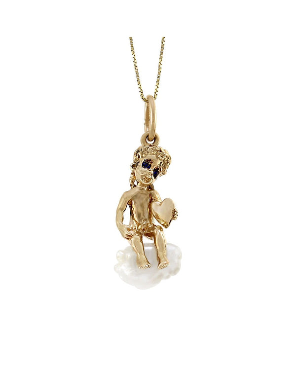 Ruser Freshwater Pearl and Sapphire Cherub Pendant in Yellow Gold