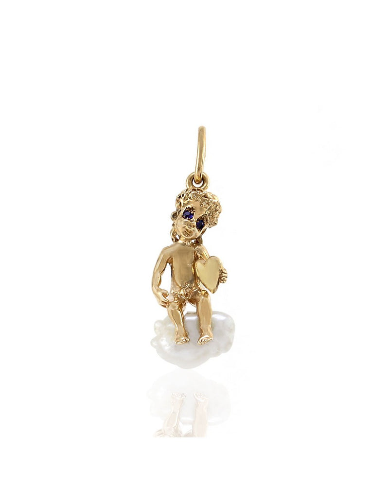 Ruser Freshwater Pearl and Sapphire Cherub Pendant in Yellow Gold