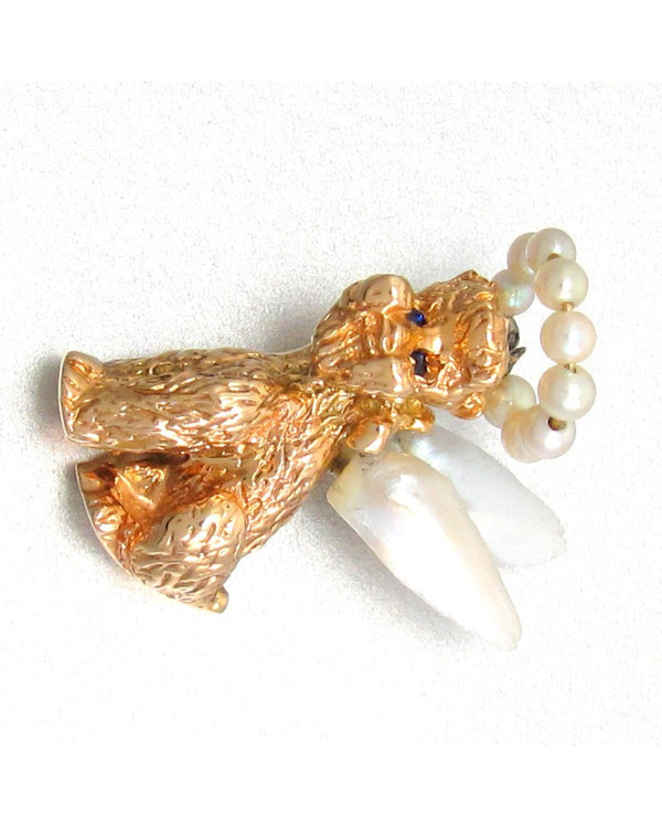 Ruser Freshwater Pearl and Sapphire Dog Cherub Pendant in Yellow Gold