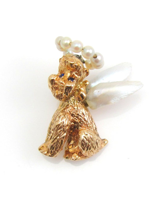 Ruser Freshwater Pearl and Sapphire Dog Cherub Pendant in Yellow Gold