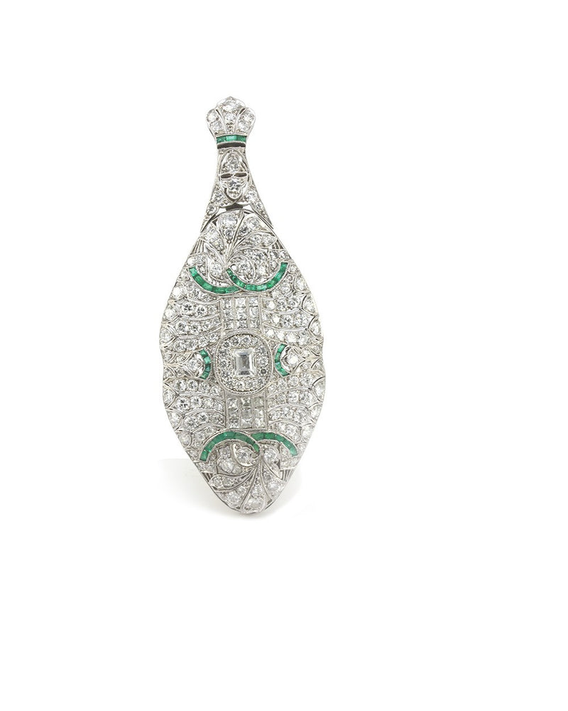 Antique Diamond and Calibre Emerald Pendant Convertible Brooch in Platinum