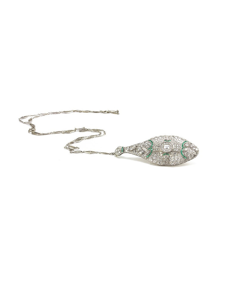 Antique Diamond and Calibre Emerald Pendant Convertible Brooch in Platinum