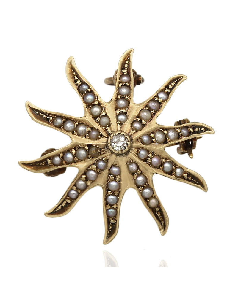 Seed Pearl and Diamond Solitaire Sunburst Pendant/Pin