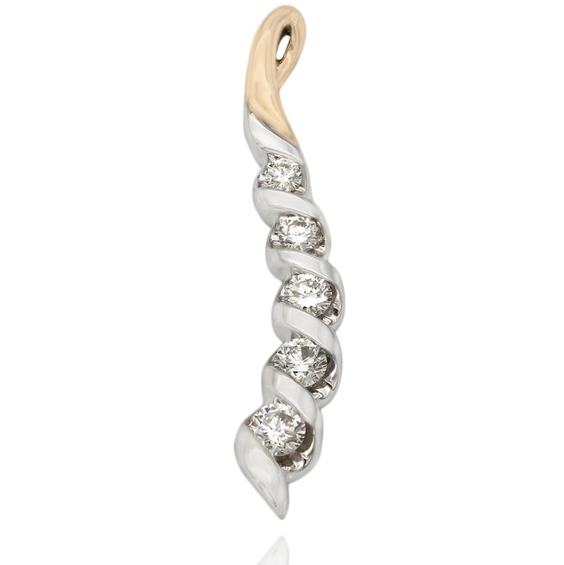 14K Two Tone Curved Diamond Drop Pendant