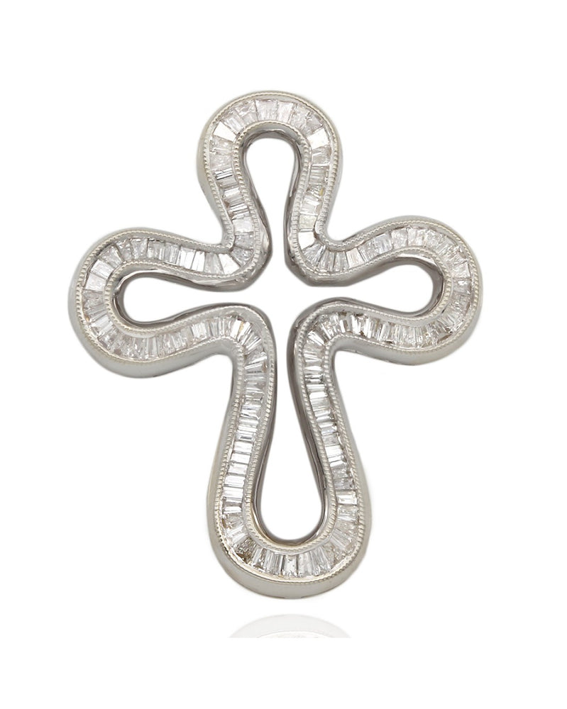 Channel Set Baguette Cross Pendant with Milgrain Accents in 18k White Gold