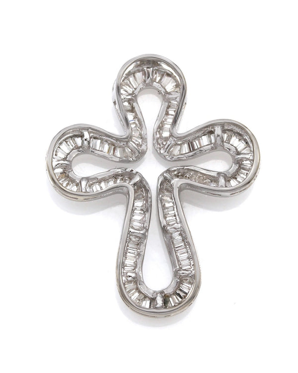 Channel Set Baguette Cross Pendant with Milgrain Accents in 18k White Gold