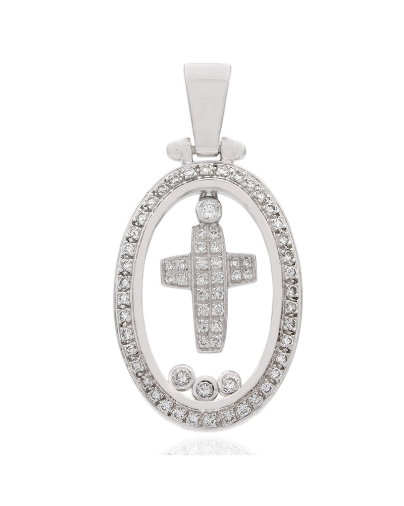 Oval Shaped Diamond Pendant with Center Cross Diamond Pendant in 18k White Gold