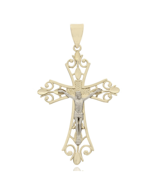 Open Cut Crucifix Pendant in White and Yellow Gold