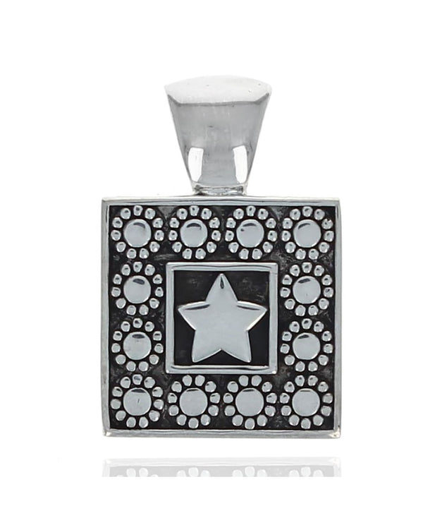 Star and Dots Antique Detail Square Pendant in Silver