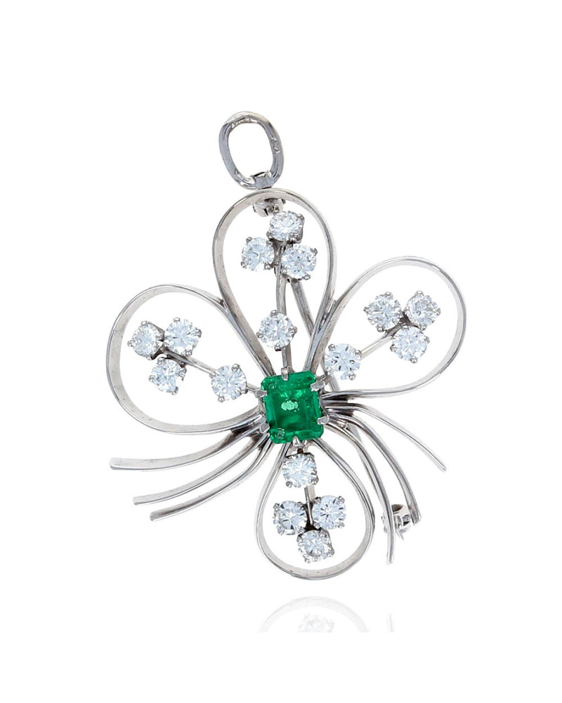 Emerald and Diamond Open Four Leaf Clover Pendant/Brooch