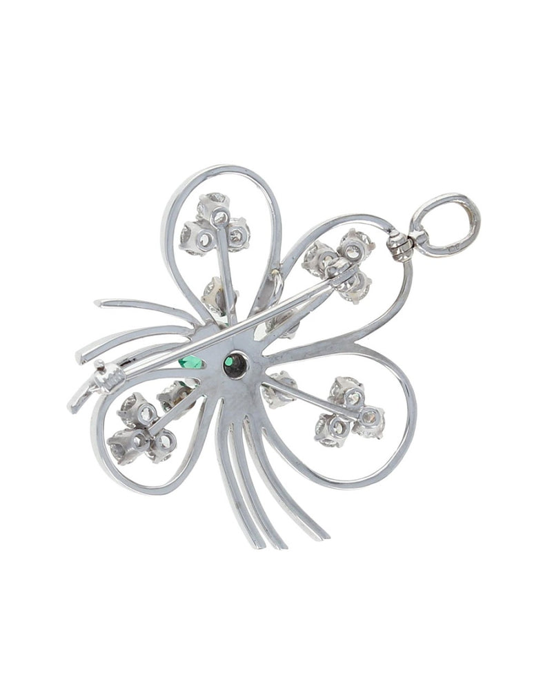 Emerald and Diamond Open Four Leaf Clover Pendant/Brooch