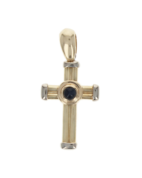 Cabochon Sapphire 2 Tone Cross Pendant