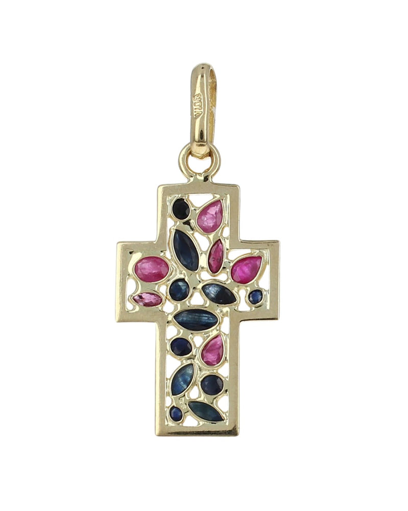 Vior Mixed Cut Ruby and Sapphire Cross Pendant