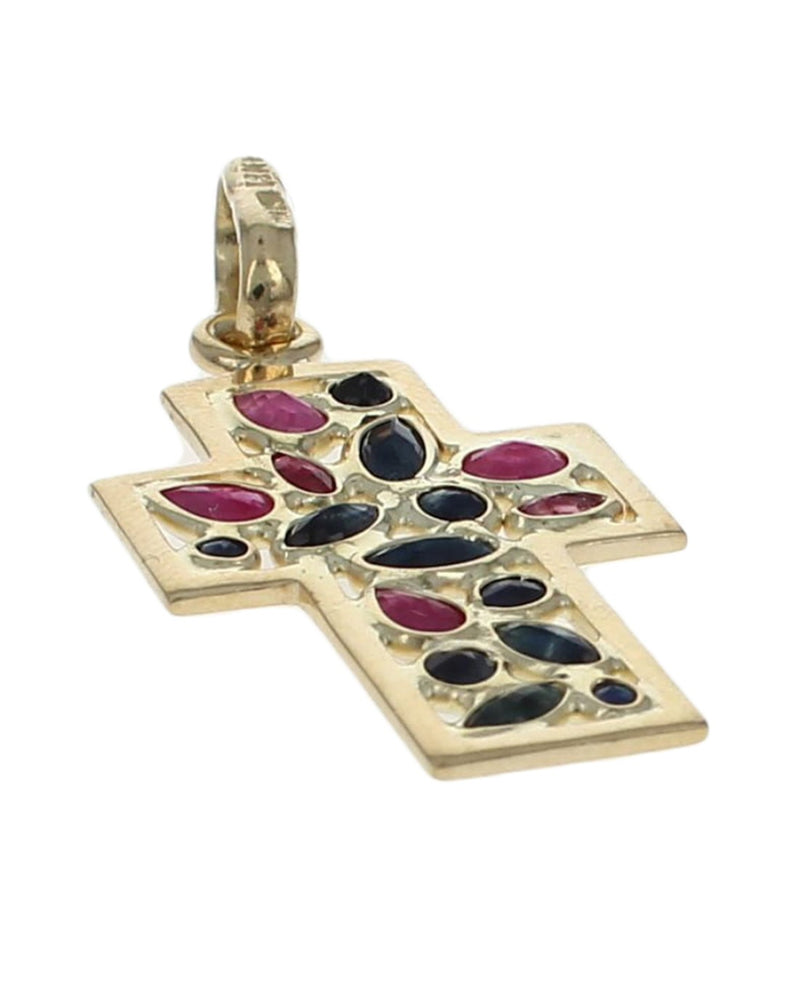 Vior Mixed Cut Ruby and Sapphire Cross Pendant