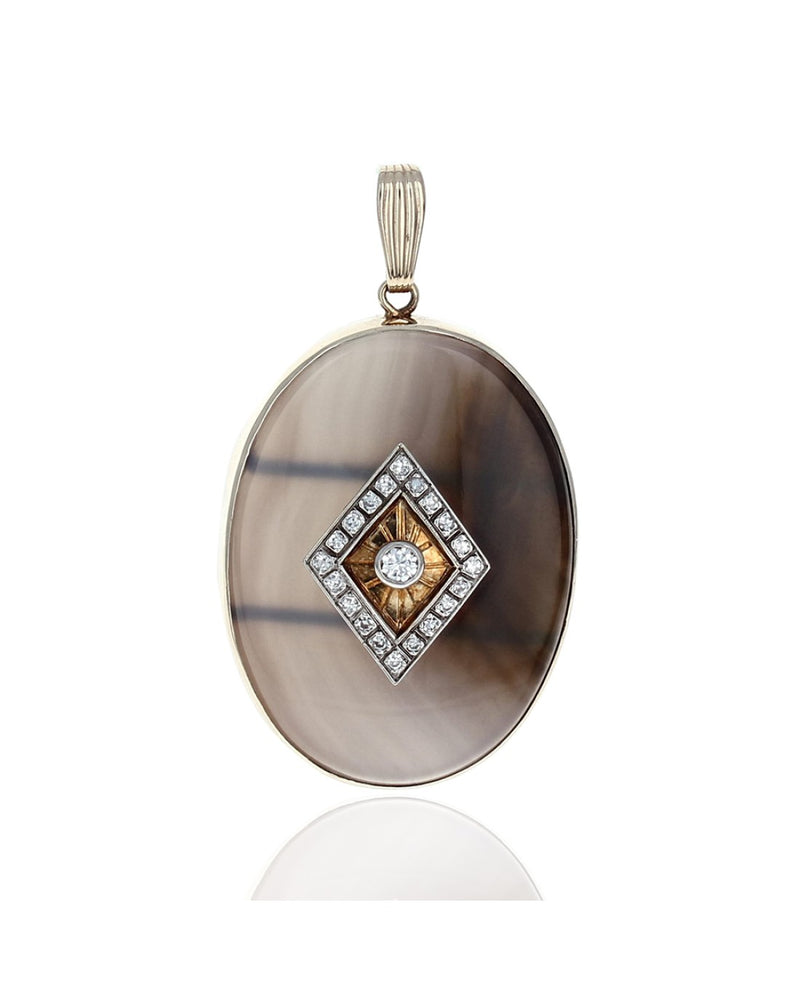 Oval Moss Agate and Diamond Pendant in Yellow Gold