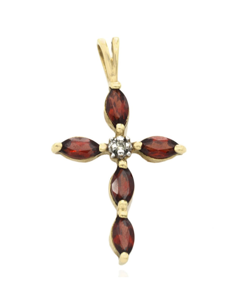 Pyrope Garnet & Diamond Cross Pendant in Yellow Gold