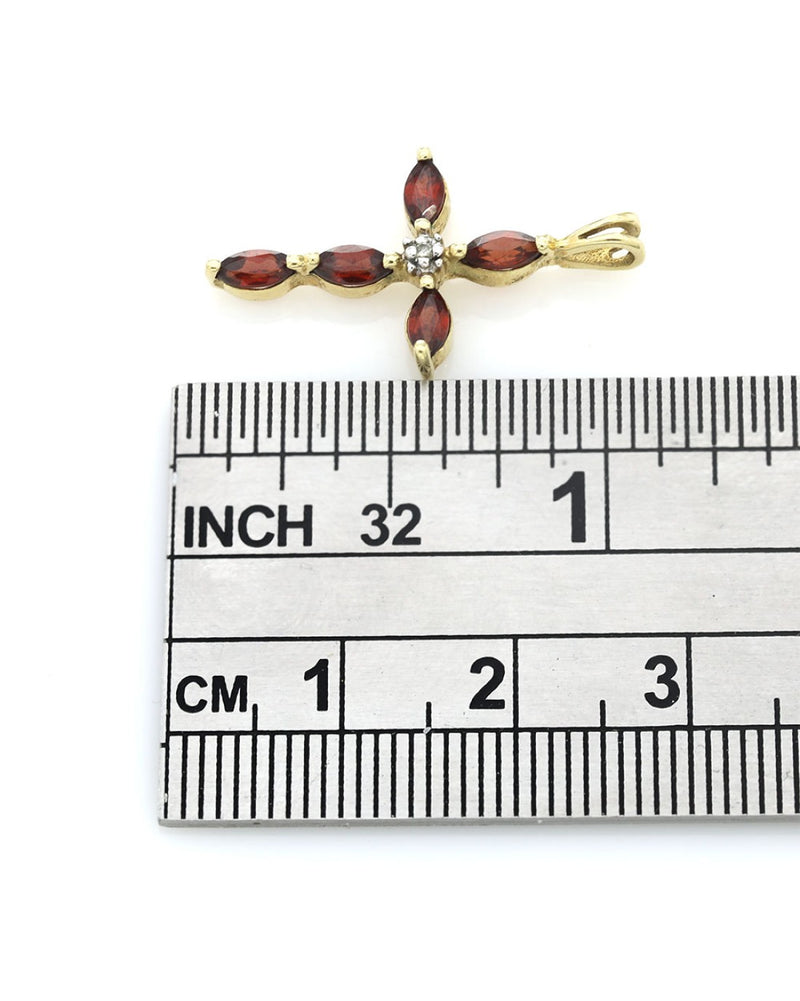 Pyrope Garnet & Diamond Cross Pendant in Yellow Gold