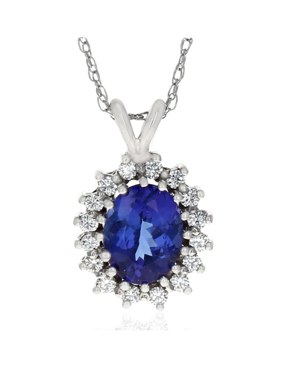 Tanzanite and Diamond Halo Pendant in White Gold