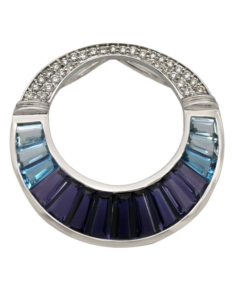 Blue Topaz, Iolite, and Diamond Open Circle Pendant in White Gold