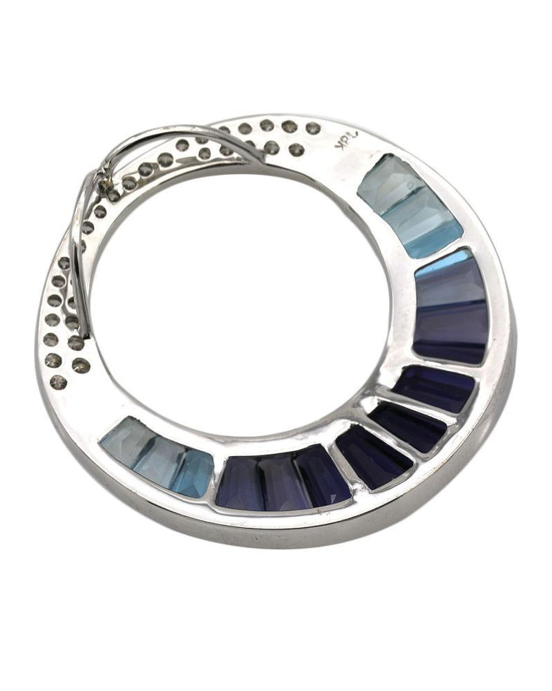 Blue Topaz, Iolite, and Diamond Open Circle Pendant in White Gold