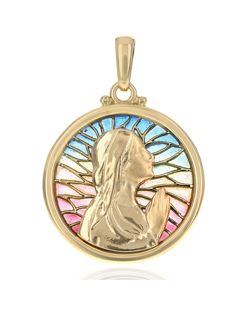 Virgin Mary Stained Glass Motif Pendant in Yellow Gold