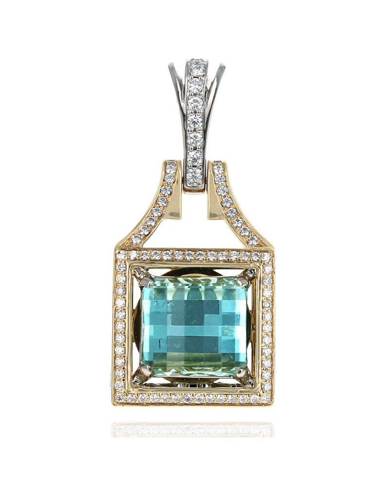 Blue Green Tourmaline and Diamond Pendant