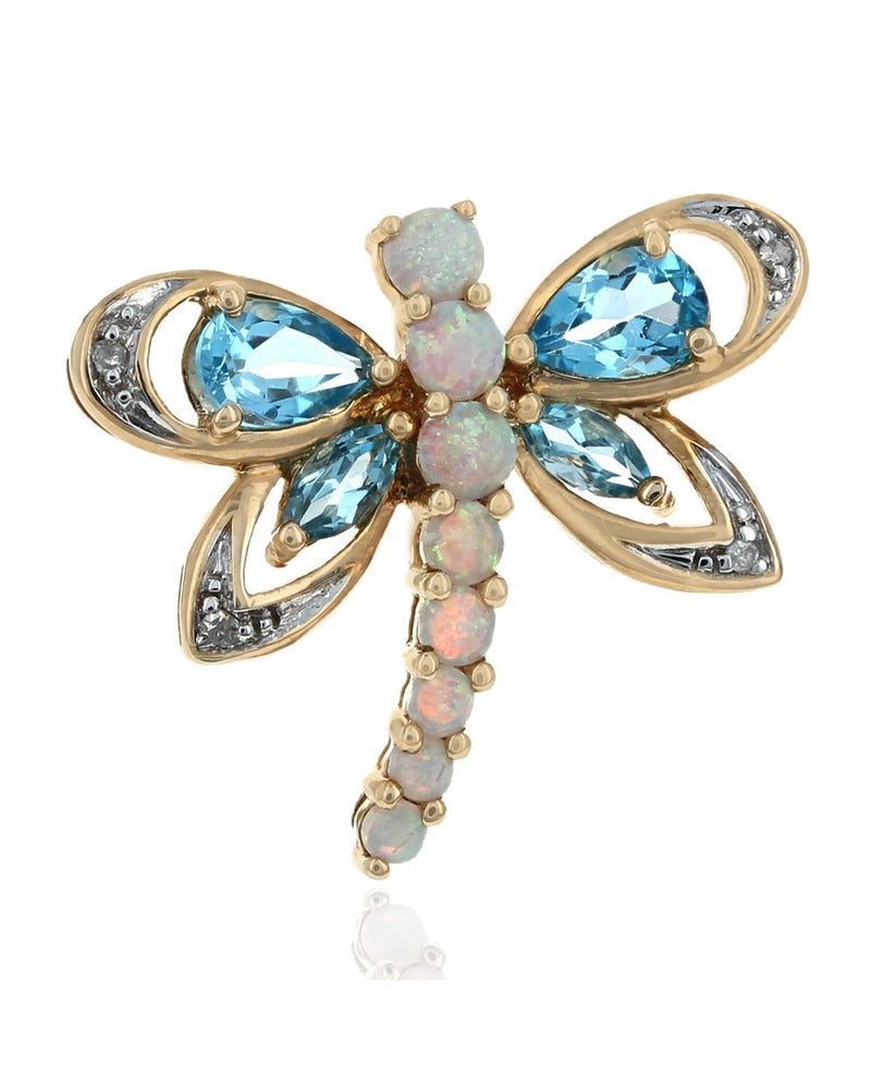 Blue Topaz, Opal, and Diamond Dragonfly Pendant in Yellow Gold