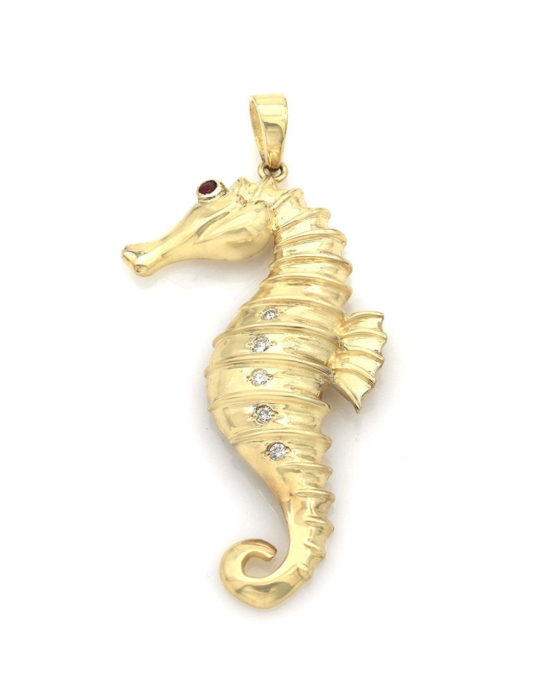 Sea Horse Pendant with Diamond Accents & Ruby Eye