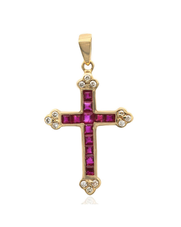 Ruby and Diamond Budded Cross Pendant