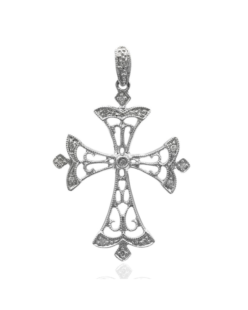 Diamond Filigree Cross Pendant in White Gold