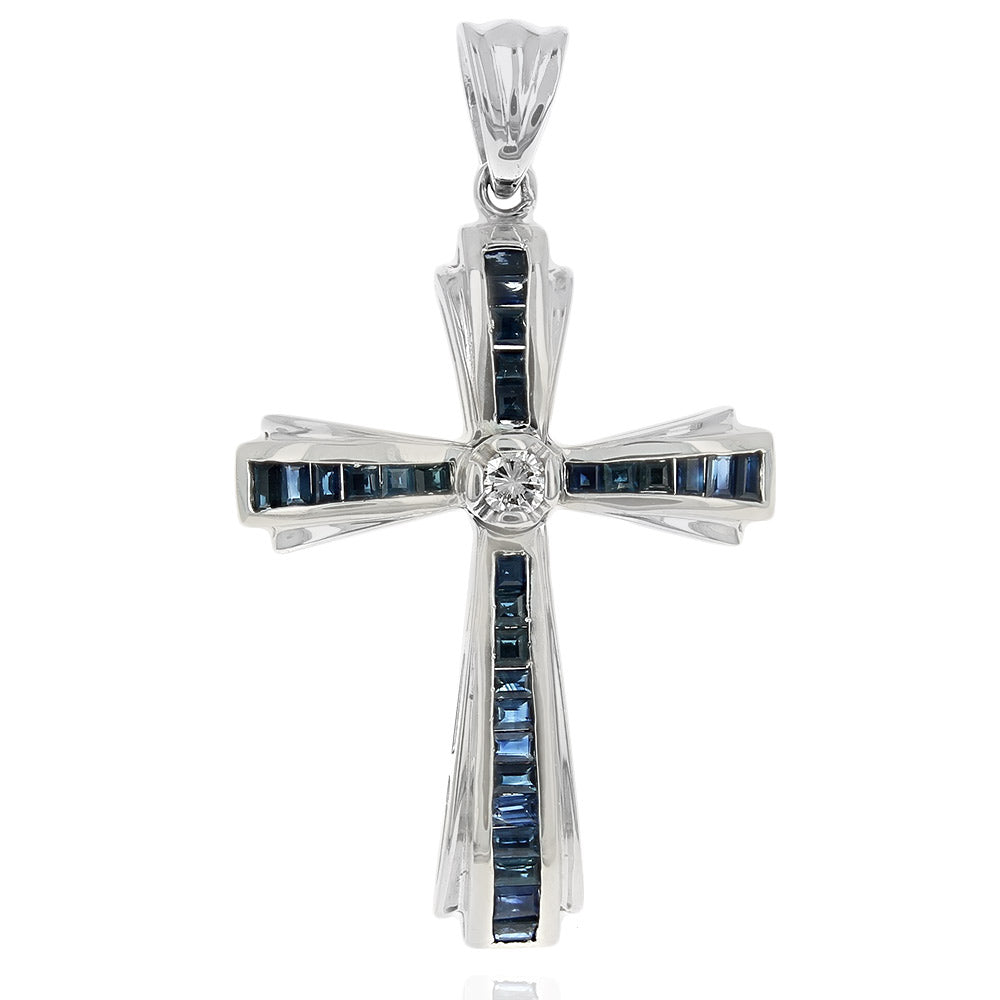 Blue Sapphire and Diamond Cross Pendant