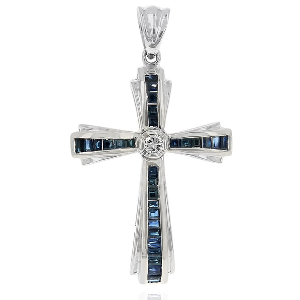 Blue Sapphire and Diamond Cross Pendant