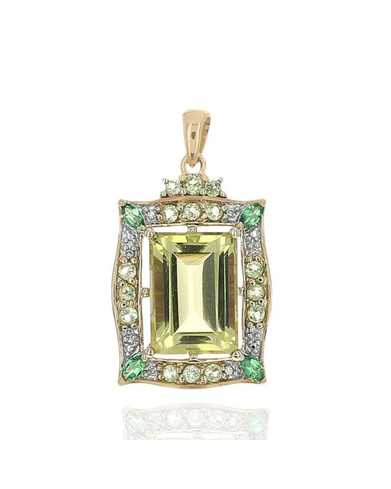 Lemon Quartz, Tsavorite Garnet, and Diamond Open Halo Pendant in Yellow Gold