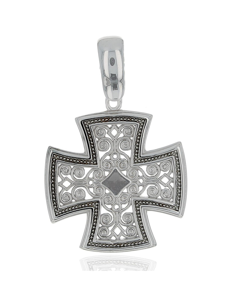 Open Scroll Milgrain Accent Byzantine Cross in White Gold