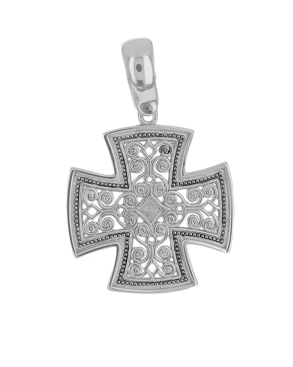 Open Scroll Milgrain Accent Byzantine Cross in White Gold