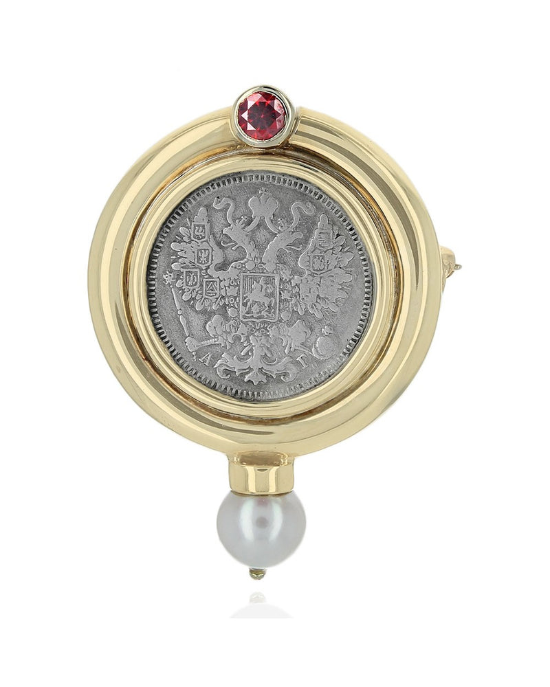 Russian Coin Pendant/Brooch with Pearl and Garnet Accent