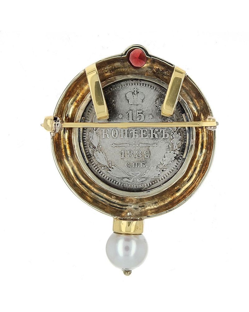 Russian Coin Pendant/Brooch with Pearl and Garnet Accent