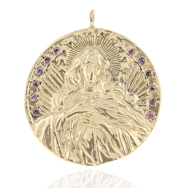 Virgin Mary Medallion with Synthetic Pink Sapphire Accent